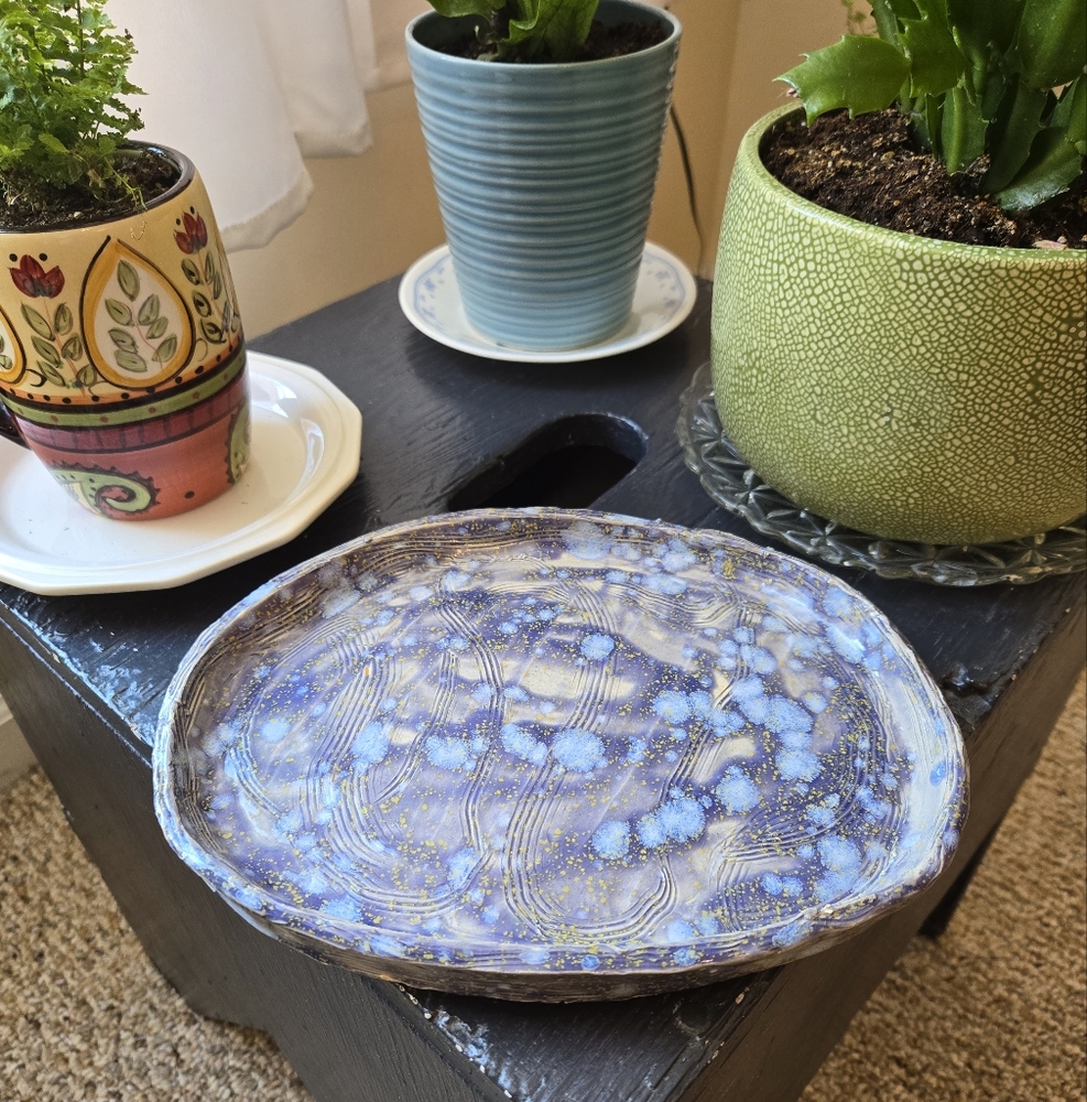 Handcrafted Footed Blue Ceramic Art Plate Tray